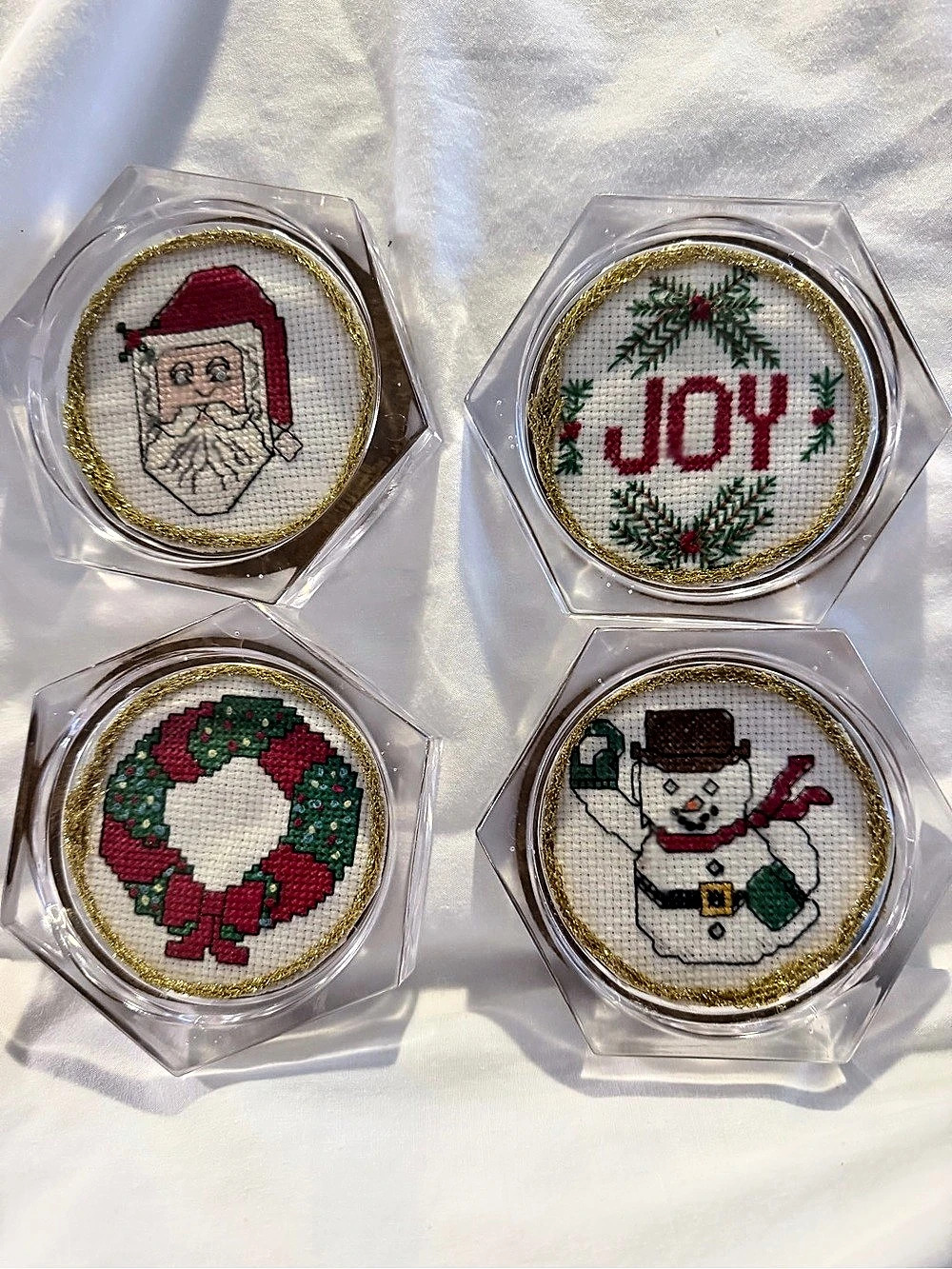 Vintage Wreath Santa Joy Cross Stitched Christmas Holiday Coasters 4”-Set Of 3